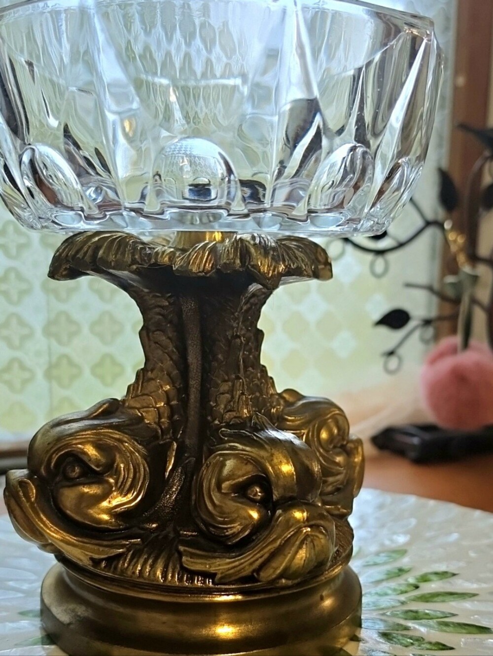 Antique Hollowood Rengency Style Pedelsta Heraldic Dolphin Brass Compote